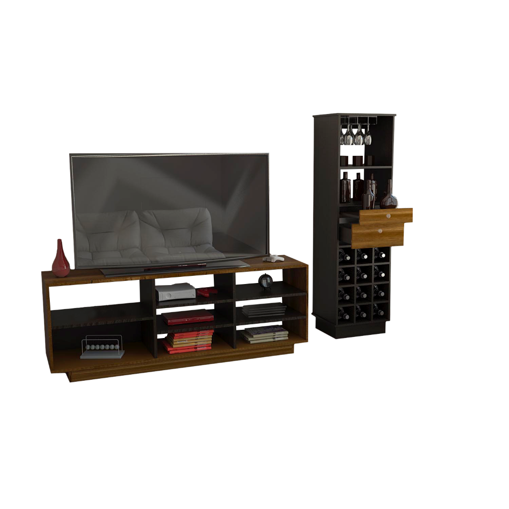 Rack TV + Bar Color Caramelo y Wengue Para Sala De Estar